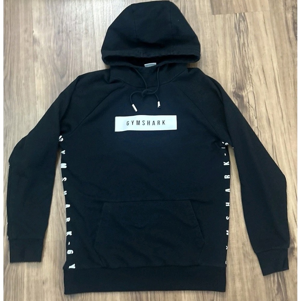 Gymshark Hoodie Mens Medium Black Tape Logo Spellout Sleeves Athletic Gym